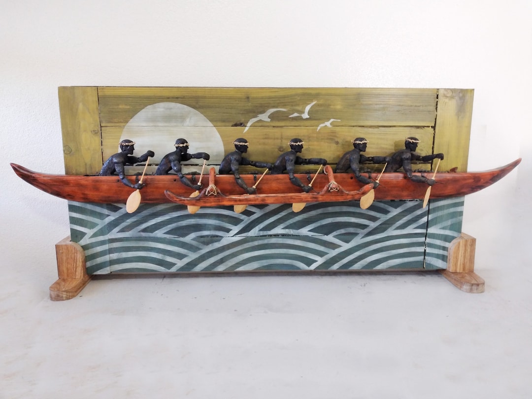 Hawaiian Outrigger Canoe Wood Carving Motorized 6-man Paddlers