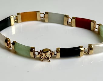 Vtg multi-color Jade link Bracelet 7” 9.68g 14K Yellow Gold- made in Hong Kong