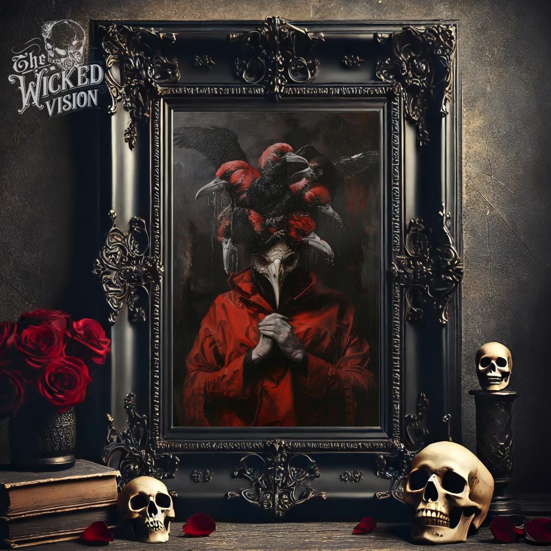 Dark Gothic Plague Doctor With Ravens Printable Art - Creepy Red and ...