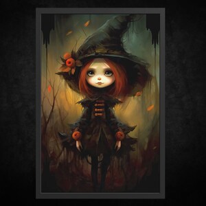 Può includere: Un dipinto digitale di una giovane strega con i capelli rossi e grandi occhi. Indossa un vestito nero e un cappello a punta con un bordo verde. È in piedi in una foresta oscura con foglie arancioni sul terreno.