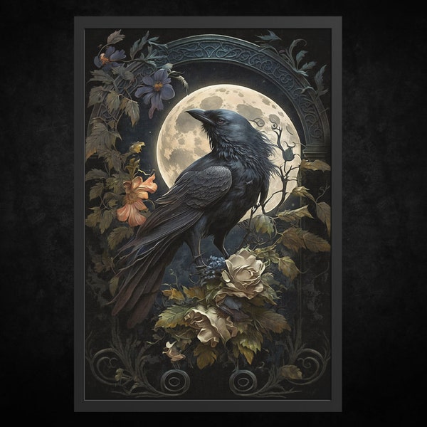 Impression d'affiche papier - L'appel du corbeau | Art mural lune | Décor d'oiseau sombre | Art Gothique | Décor d'Halloween | Peinture de ciel nocturne | Impression sur toile