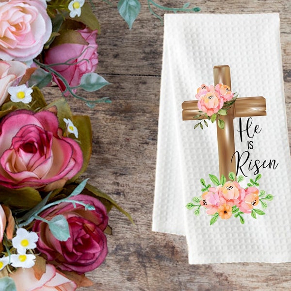 He is Risen Tea towel PNG Digital Download Easter Religious Floral Cross