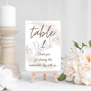 Boho Feathers Printable Numbered Table Cards for wedding/ anniversary/ event