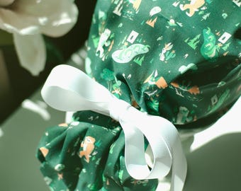 Cute Cryptids Ponytail Scrub Cap / Fun Green Orange White Nurse Hat / Adjustable Low Bun Style Scrub Hat Bigfoot Mothman