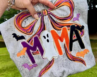 Mama Halloween Bow Ghost Tshirt Comfort Color Fall Womens Personalized Any Name Grandma