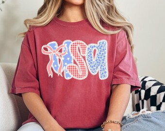 USA Fourth of July Tee Comfort Color America 4th of July Bow Shirt