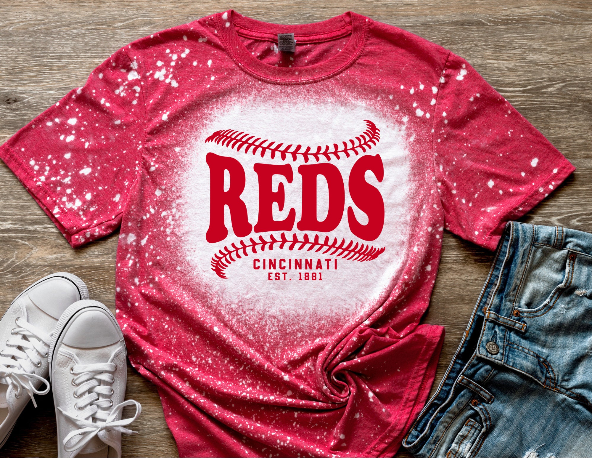 Ladies Cincinnati Reds Time To Shine Notched Scoop Neck Rhine Stud Short  Sleeve T Shirt