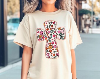 Christian T-shirt Floral Cross Comfort Colors Unisex Easter Church Tshirt Faith Risen Jesus