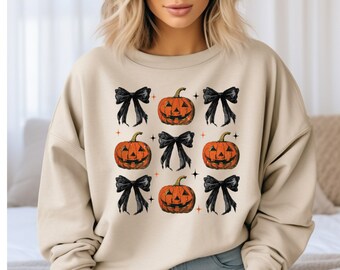 Halloween Pumpkin Jack O’ Lantern Croquette Bow Unisex Adult Gildan Sweatshirt Fall Autumn Skeletons Trick or Treat Women