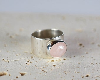 Single Stone Rose Quartz Ring, Simple Wide Band Ring, Handmade 925 Sterling Silver Band, Silver Ring With Small Pink Stone, Size 7 3/4