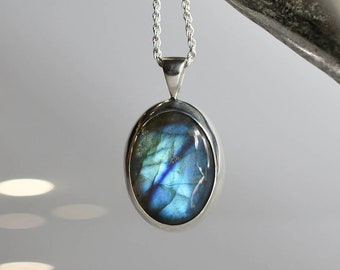 Stunning Blue Labradorite Pendant, Natural Round Gemstone, Handmade 925 Sterling Silver, Artisan Jewelry, NO CHAIN