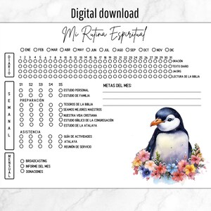 Puede incluir: Un planificador imprimible con un diseño en blanco y negro que presenta una ilustración de un pingüino. El planificador se titula "Mi Rutina Espiritual" e incluye secciones para actividades espirituales diarias, semanales y mensuales.