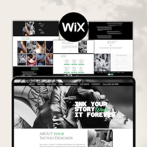 May include: A website for a tattoo artist, featuring a black and white photo of a hand holding a tattoo machine, with the text "Ink Your Story Wear It Forever" and "About Your Tattoo Designer".