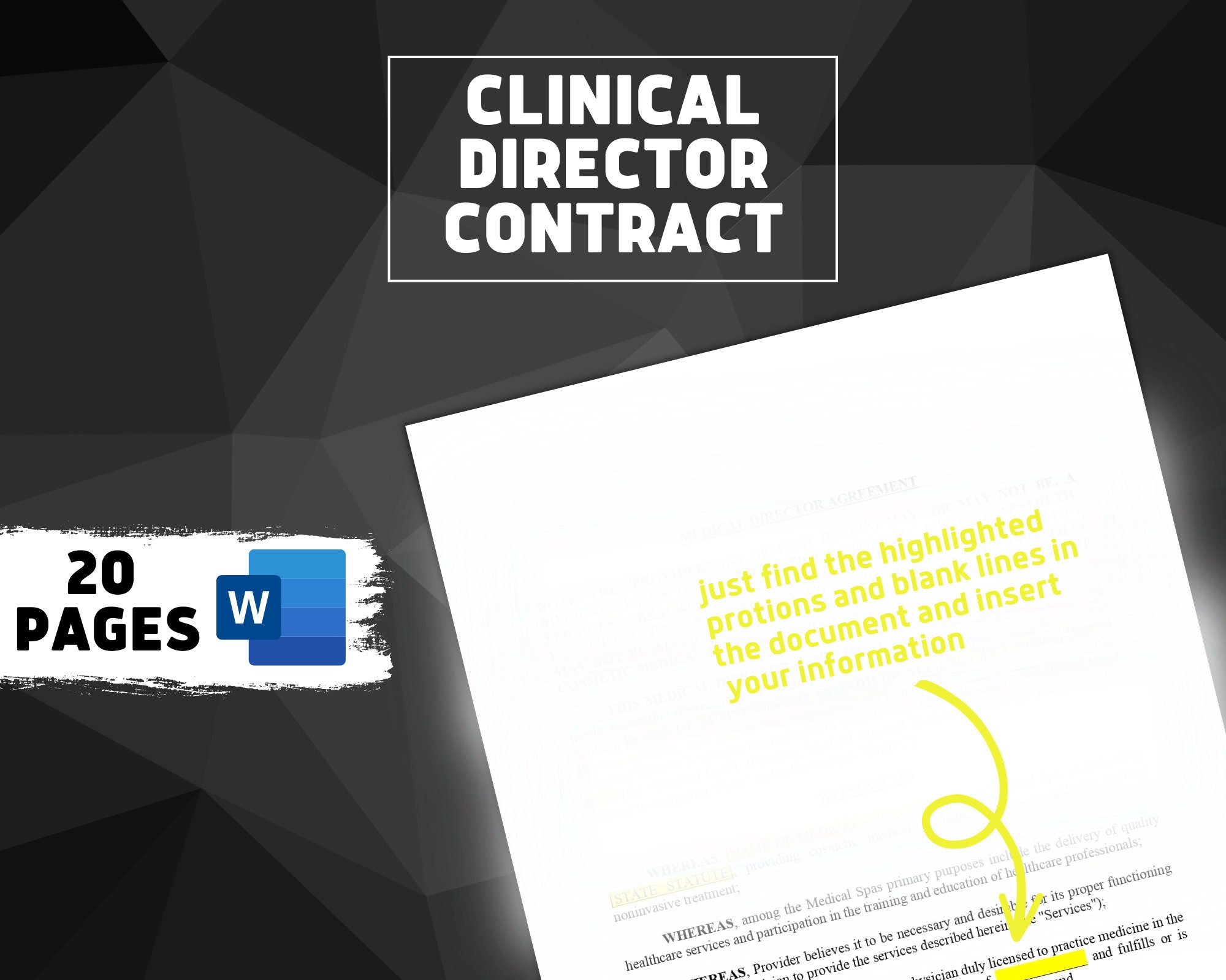 Medical SPA Director Contract Template, Editable Agreement, Medical