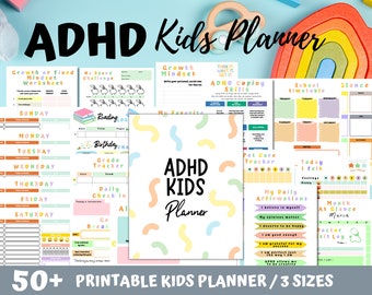 May include: A printable planner designed for kids with ADHD. The planner features colorful pages with various sections, including a daily check-in, a grade tracker, a reading log, and a pet care tracker. The planner also includes a section for affirmations and a month-at-a-glance calendar. The planner is available in three sizes.