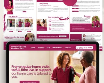 Plantilla web para servicios de atención domiciliaria, sitio web editable en Canva para agencias de atención médica a domicilio y cuidado de personas mayores.