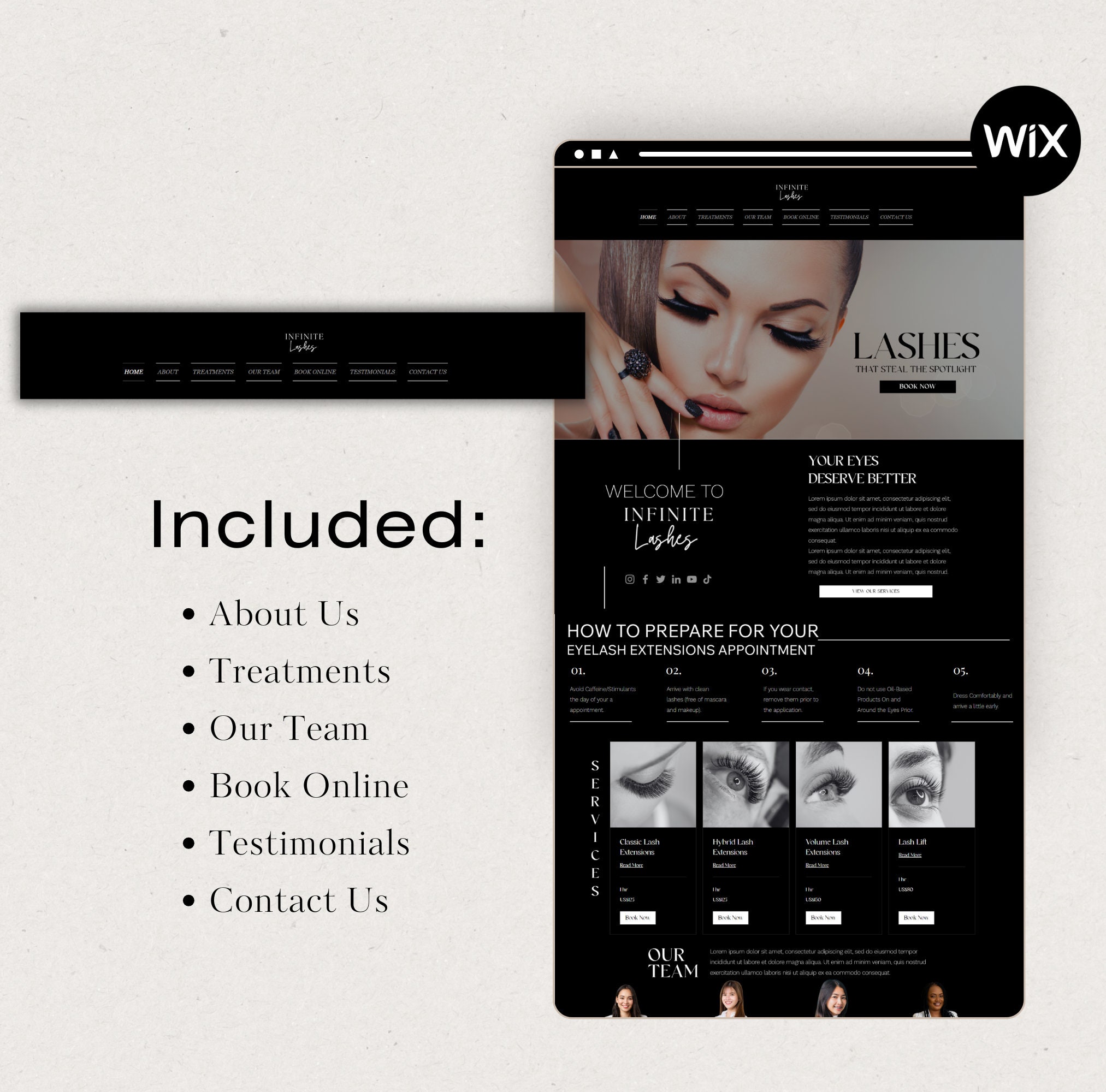 Lashes salon wix one page website templates perfect for beauty
