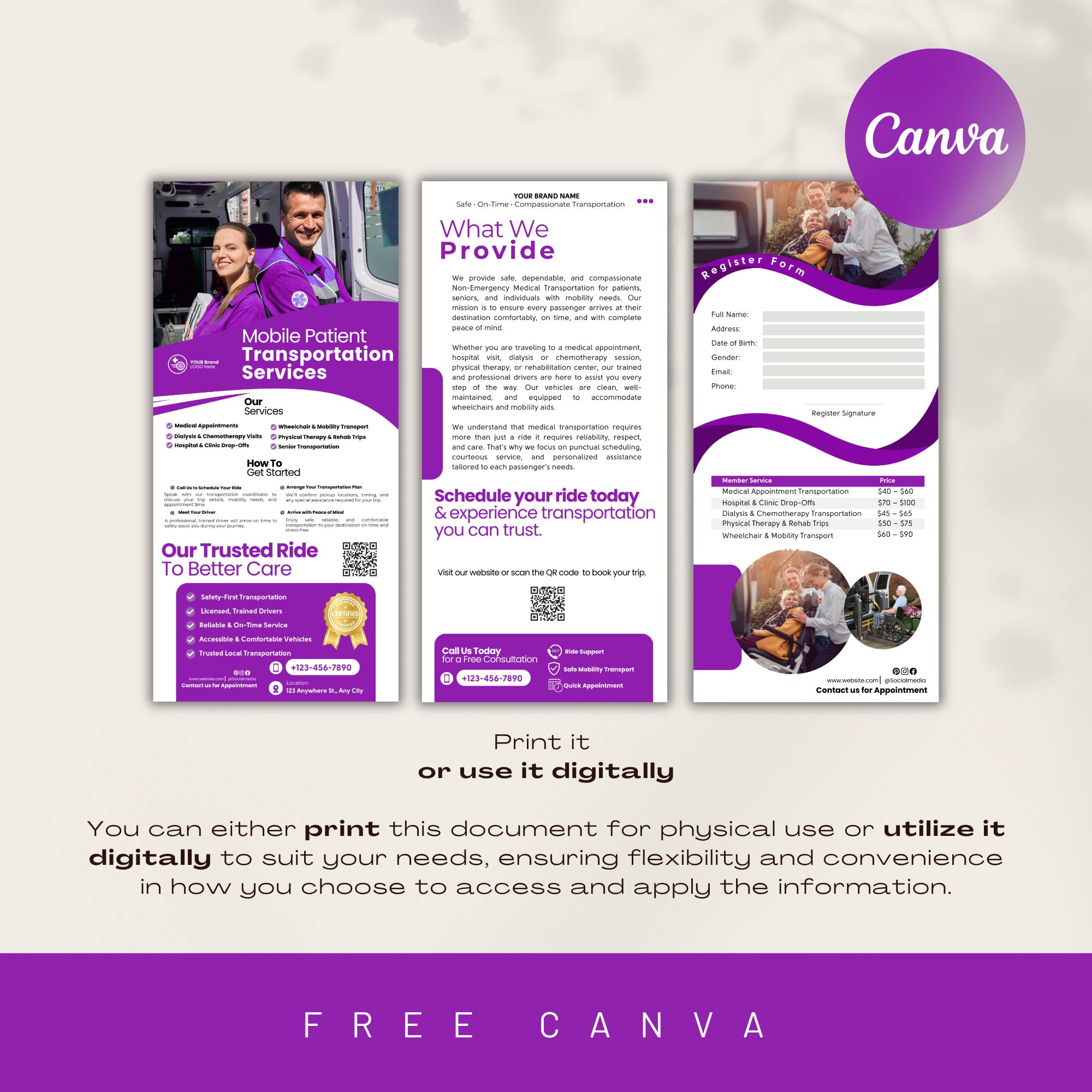 Patient Rack Card Mobile Patient Transport Rack Card Template, Canva NEMT Marketing ...