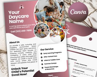 Modelo de folheto para creche: folheto personalizável para creche (Canva)