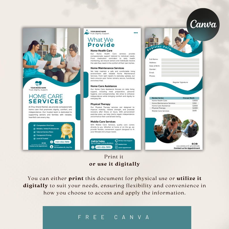 Op de afbeelding: Een brochure voor thuiszorgdiensten met een turquoise en wit ontwerp. De brochure bevat secties over thuiszorg, onderhoud en assistentie. De tekst bevat "Thuiszorgdiensten" en "Wat we bieden".