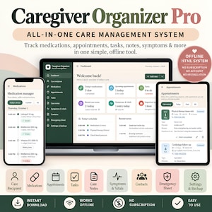 Może przedstawiać: System zarządzania opieką Caregiver Organizer Pro wyświetlany na laptopie, smartfonie i tablecie. Interfejs pokazuje pulpity nawigacyjne dla leków, wizyt i zadań, wraz z ikonami dla odbiorcy opieki, notatek oraz arkuszy awaryjnych.