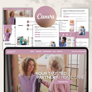 Op de afbeelding: Homepage van een website voor een thuiszorgdienst. De website toont een foto van een verzorger die lachend naar een oudere persoon kijkt. De tekst "Uw vertrouwde partner in thuiszorg" wordt in grote, vetgedrukte letters weergegeven. De website bevat ook een call-to-action-knop met de tekst "Informeer nu".