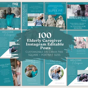 Op de afbeelding: Een verzameling turquoise en witte Instagram-postsjablonen voor ouderenzorgdiensten. De posts bevatten tekst als "FAQ", "Super Fit Seniors" en "Welcome & Caregiver". De sjablonen zijn aanpasbaar op Canva in vierkante en portretformaten.