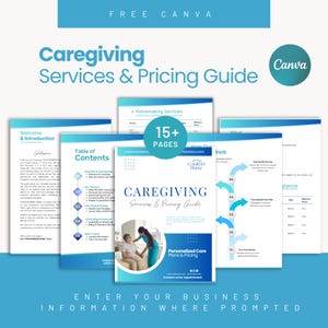 Op de afbeelding: Een digitale gids getiteld "Caregiving Services & Pricing Guide" met een blauw en wit ontwerp. De gids bevat secties over zorgdiensten, prijzen en gepersonaliseerde zorgplannen. Het Canva-logo is zichtbaar.