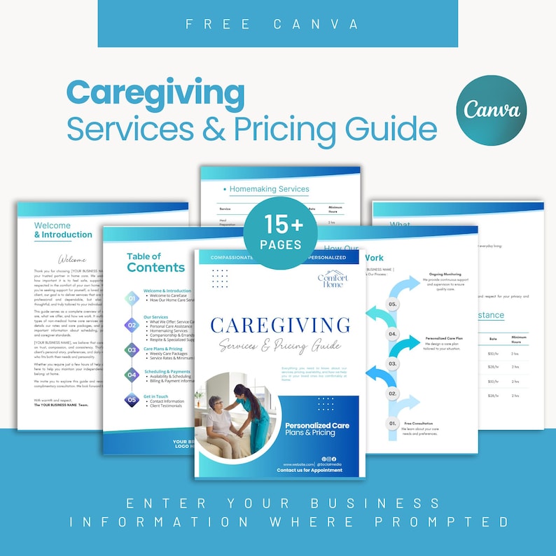 Op de afbeelding: Een digitale gids getiteld "Caregiving Services & Pricing Guide" met een blauw en wit ontwerp. De gids bevat secties over zorgdiensten, prijzen en gepersonaliseerde zorgplannen. Het Canva-logo is zichtbaar.