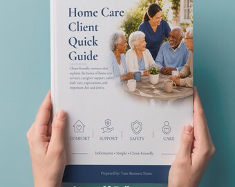 Guía para clientes de negocios de atención domiciliaria, plantilla editable de Canva para paquete de bienvenida, manual para cuidadores de salud a domicilio.