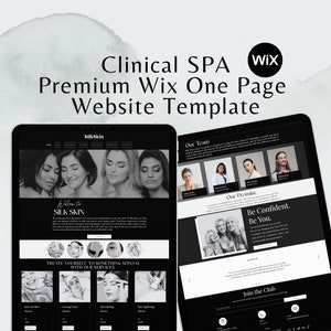 May include: A website template for a clinical spa, featuring a black and white design with images of women and text that says "Welcome to Silk Skin" and "Treat yourself to something special with our services".