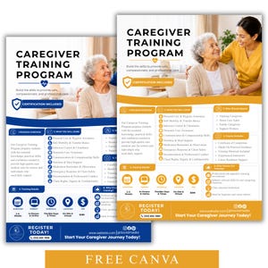 May include: Two informational flyers for a Caregiver Training Program featuring text headers, bulleted lists of course modules, and icons for duration, format, and schedule. The designs use blue and gold colour schemes with images of caregivers.
