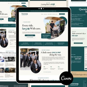Könnte beinhalten: Eine digitale Darstellung der Everway Transportation Website in einem dunkelgrünen und weißen Farbschema. Das Layout enthält Textüberschriften wie Every ride, every mile. With care., Navigationsmenüs und Bilder von Personen, die Transportdienste nutzen.