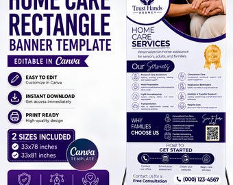 Banner enrollable para atención domiciliaria, plantilla de banner enrollable, letrero rectangular para agencia de atención a personas mayores, banner de marketing para negocios de atención médica domiciliaria