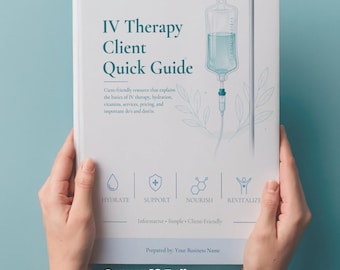 Plantilla de Canva para la guía de bienvenida del cliente de terapia intravenosa, paquete editable de hidratación intravenosa, folleto de admisión del cliente de spa médico, plantilla para negocios de goteo intravenoso