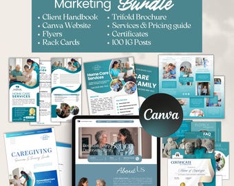 Paquete de Canva para marketing de atención domiciliaria: Manual del cliente, folletos y sitio web (descarga digital)