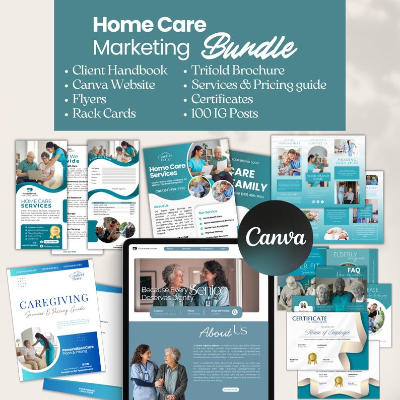 Op de afbeelding: Een marketingpakket voor thuiszorgdiensten, met een klantenhandboek, Canva-website, flyers, kaarten, een drievoudige brochure, een service- en prijsgids, certificaten en 100 IG-posts. Het pakket bevat een website-ontwerp met de tekst "Because Every Senior Deserves Dignity."