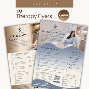 Può includere: Due volantini del menu per terapia IV con uno schema di colori beige e blu con il testo IV Therapy Menu, Signature Drips e Add-Ons. I volantini includono icone per idratazione, energia e recupero, insieme a un codice QR e contatti per appuntamenti.