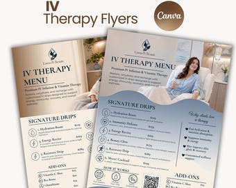 Plantilla de folleto para menú de terapia intravenosa, diseño editable en Canva, menú de barra de goteo intravenoso, menú de spa de bienestar, infusión de vitaminas.