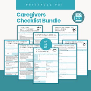 Op de afbeelding: Een afdrukbare PDF-bundel met checklists voor zorgverleners. De bundel bevat checklists voor veiligheid in de thuiszorg, belangrijke documenten, administratieve taken, overdracht aan het einde van de dienst en medicatiebeheer. Beschikbaar in A4, A5 en US-letterformaten.