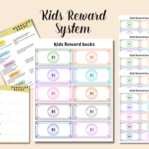 May include: Printable reward system for kids with colorful "Kids Reward Bucks" in denominations from $1 to $10. The printable sheets include a chart for tracking behavior and a set of reward bucks.