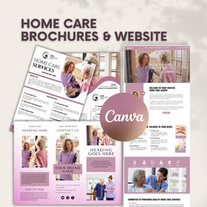 Könnte beinhalten: Ein rosa-weißes Broschüren- und Website-Design für einen Hauspflegedienst. Die Broschüre zeigt ein Foto einer Pflegekraft, die einer älteren Person hilft. Die Website hat ein ähnliches Design und enthält den Text "Ihr zuverlässiger Partner in der häuslichen Pflege".