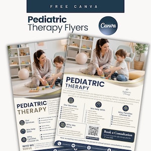 Puede incluir: Dos folletos idénticos de terapia pediátrica con una foto de un terapeuta y un niño jugando con juguetes de madera. Los folletos incluyen el texto Pediatric Therapy, Our Services, We Help With, Why Families Choose Us, Who We Serve y un código QR.