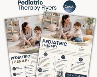 Plantilla de Canva para folletos de terapia pediátrica, folletos de servicios de terapia infantil, folletos de terapia del habla, terapia ocupacional y fisioterapia.