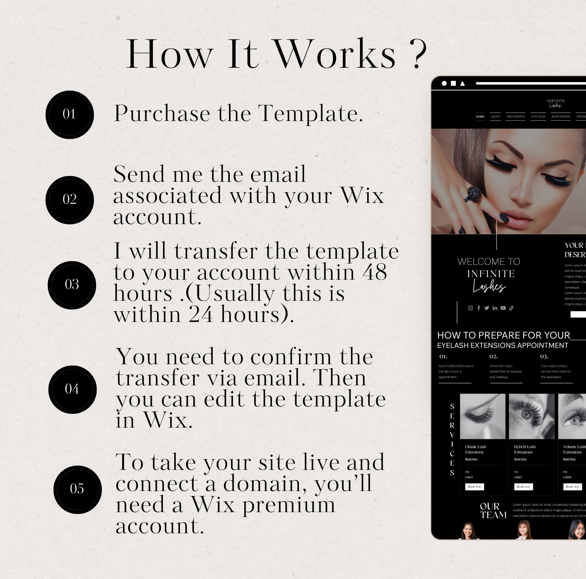Lashes salon wix one page website templates perfect for beauty