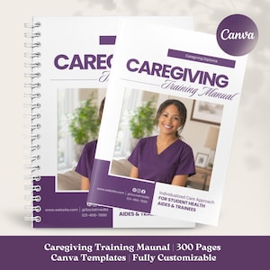 Könnte beinhalten: Zwei weiße Spiralbücher mit dem Titel "Caregiving Training Manual" mit einem lila und weißen Design. Das Cover zeigt eine lächelnde Frau in lila Uniform. Der Text enthält "Caregiving Diploma" und "Individualized Care Approach".