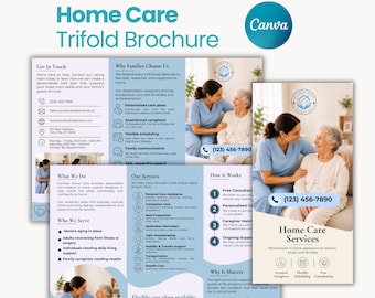 Folleto tríptico de atención domiciliaria en Canva, folleto de marketing para cuidadores, plantilla para el cuidado de personas mayores, folleto de atención médica no médica