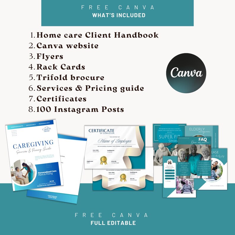 Op de afbeelding: Promotionele afbeelding voor thuiszorgdiensten, met een handboek, website, flyers, kaarten, brochure, servicegids, certificaten en Instagram-posts. Het ontwerp bevat teal en witte elementen, met het Canva-logo.