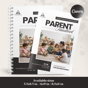 Może przedstawiać: Spiralnie oprawiony "PARENT Handbook" z białą okładką z napisem "Trusted Child Care for Growing Minds". Okładka zawiera zdjęcie dzieci i nauczyciela. Dostępny w rozmiarach 14 x 21,6 cm, 15,2 x 22,9 cm i 21,6 x 27,9 cm.