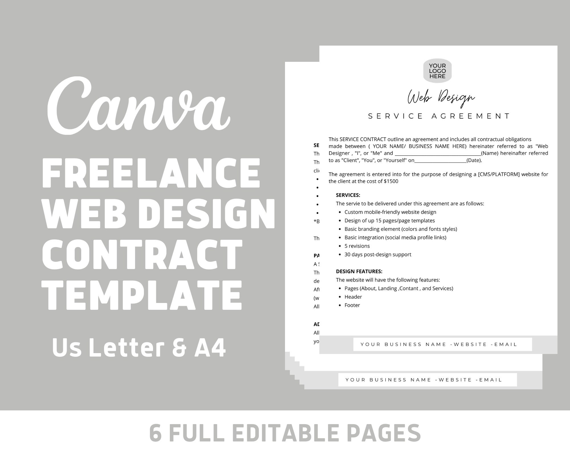 Freelance Web Design Contract Template: Editable Canva Agreement Etsy